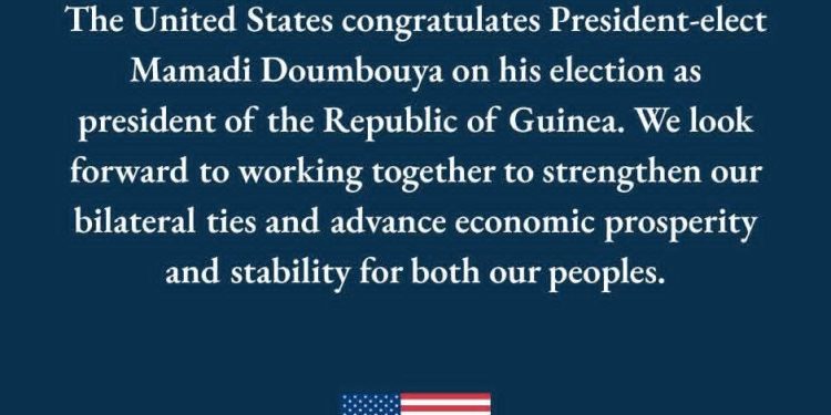 Les États-Unis félicitent le Président élu Mamadi Doumbouya et réaffirment leur engagement envers la Guinée